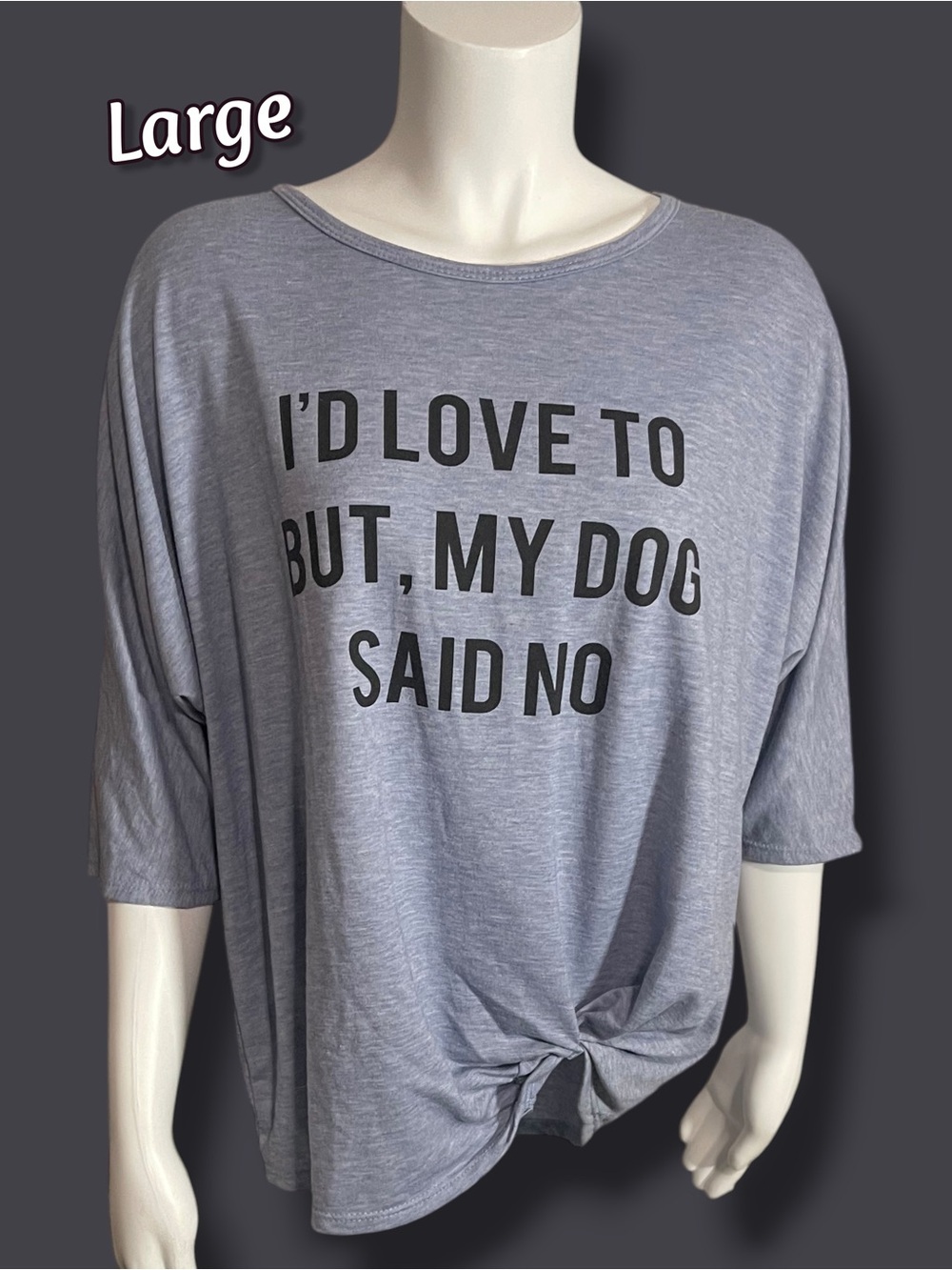 "I'd Love To But My Dog Said No" Slouchy Tee Women's Large Dolman Sleeve Blue